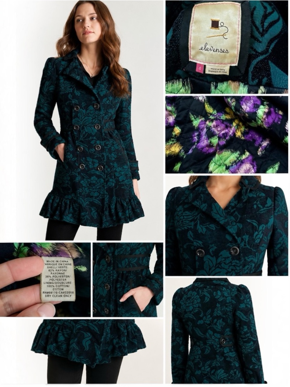 RARE Elevenses Anthropologie Emerald Isle Brocade Coat Sz 4 Y2K Floral Tapestry
